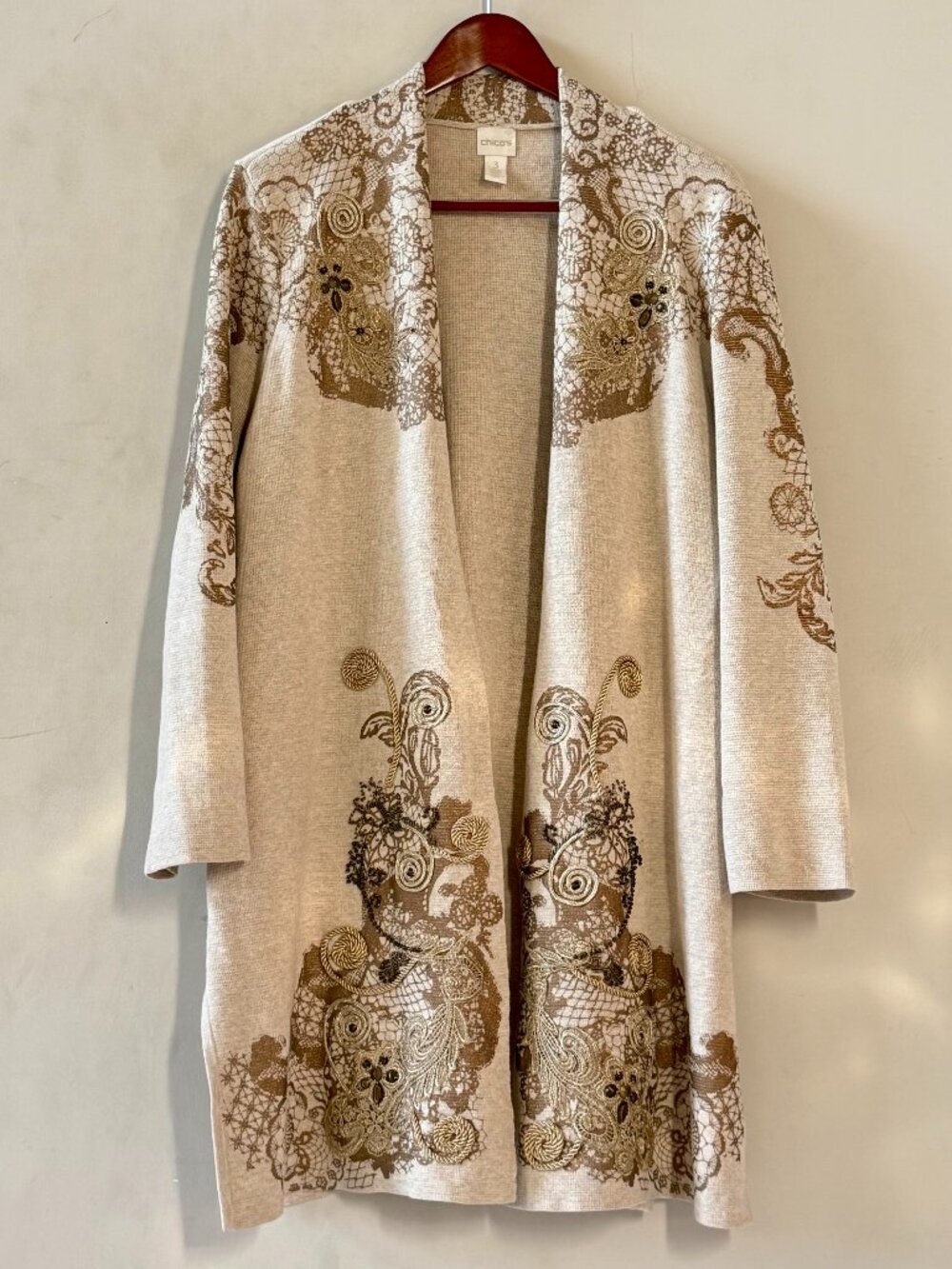 Chico’s Classic Embellished Embroidered Long Duster Cardigan Beige Gold XL 3